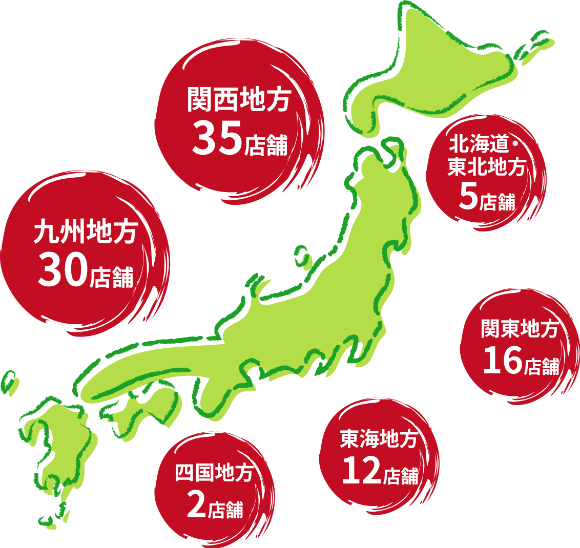 関西地方35店舗 九州地方30店舗 北海道・東北地方5店舗 関東地方16店舗 東海地方12店舗 四国地方2店舗